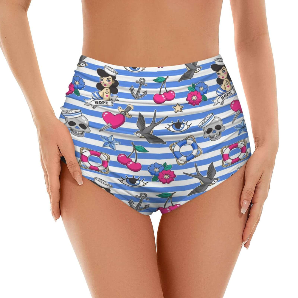 Sailor Gal high waist bikini separates featuring a vintage nautical print with colorful tattoos and patterns.
