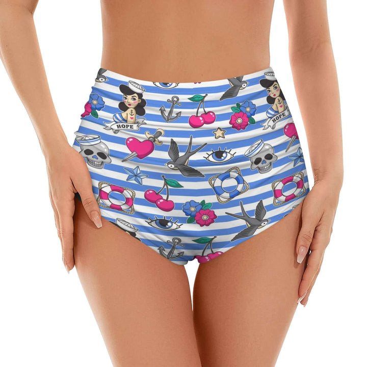 Sailor Gal high waist bikini separates featuring a vintage nautical print with colorful tattoos and patterns.