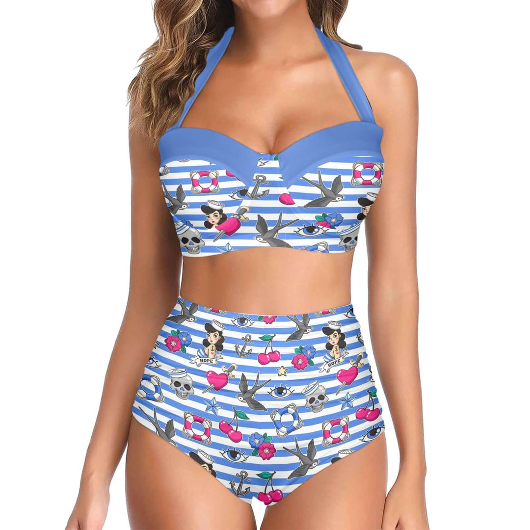 Sailor Gal high waist bikini separates featuring halter neck design and nautical print with vintage charm.