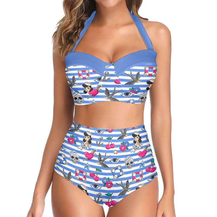 Sailor Gal high waist bikini separates featuring halter neck design and nautical print with vintage charm.