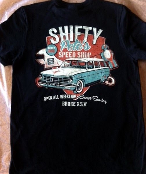 HardCore Logo Shifty Pete's Garage T-shirt featuring vintage car design, printed in Australia on Gildan fabric.