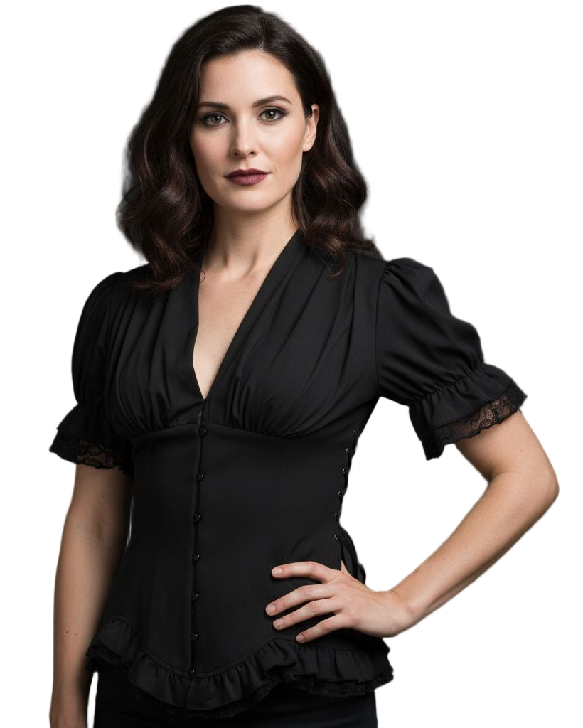 Woman wearing a black blouse with puffed sleeves on a white background