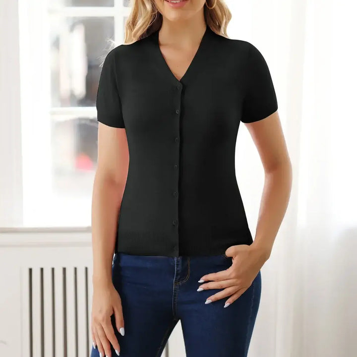 Short sleeve V-neck button-up cardigan in black, perfect for layering and adding polish to any outfit.
