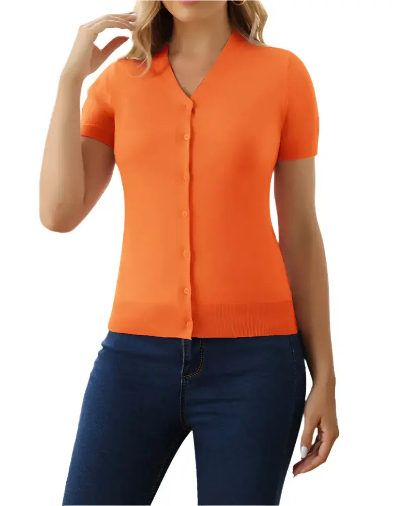 Short sleeve v-neck button-up cardigan in vibrant orange, perfect for warm weather layering.