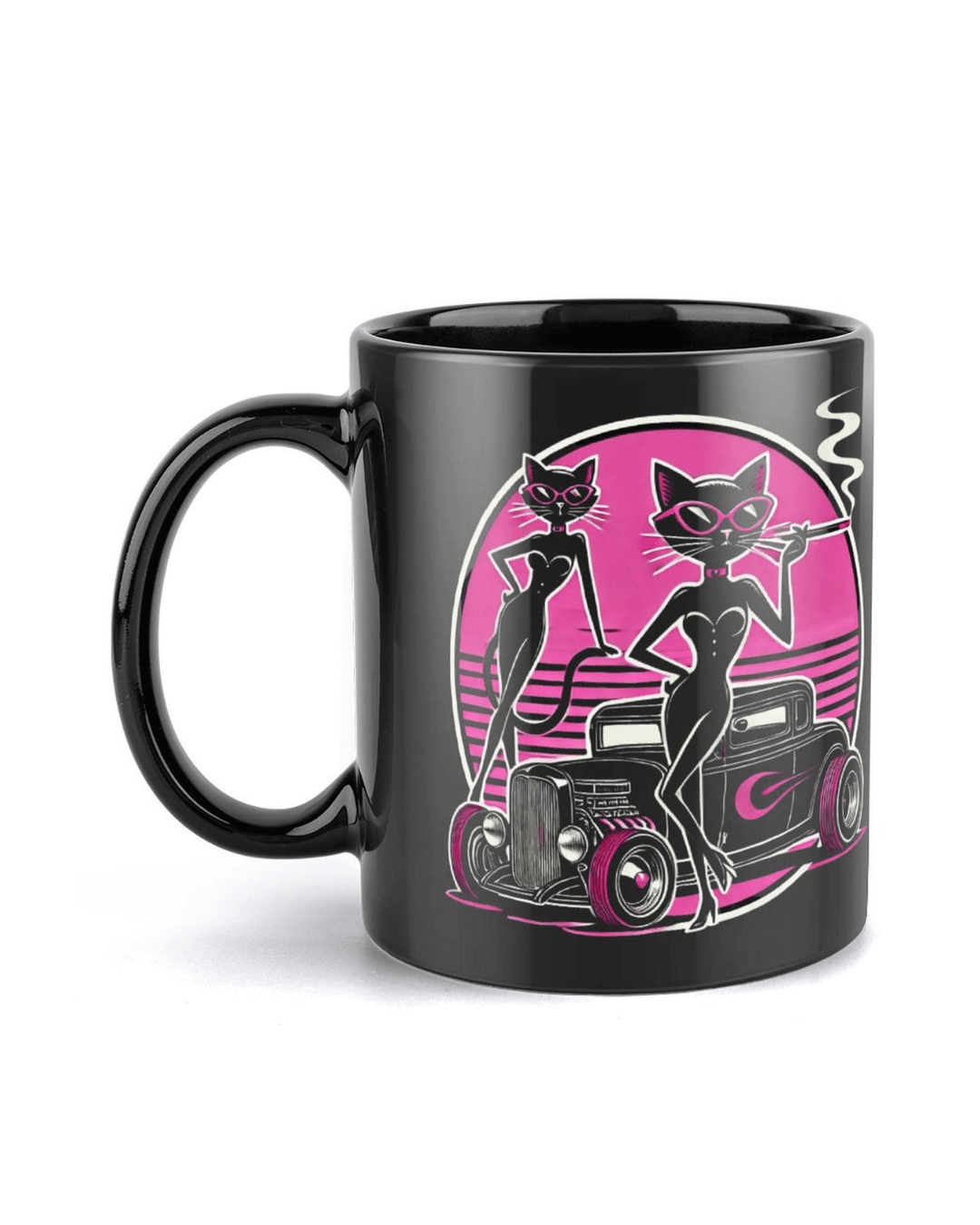 Slay All Day, Bite All Night black mug featuring sleek cats and vintage car design on a vibrant pink background.