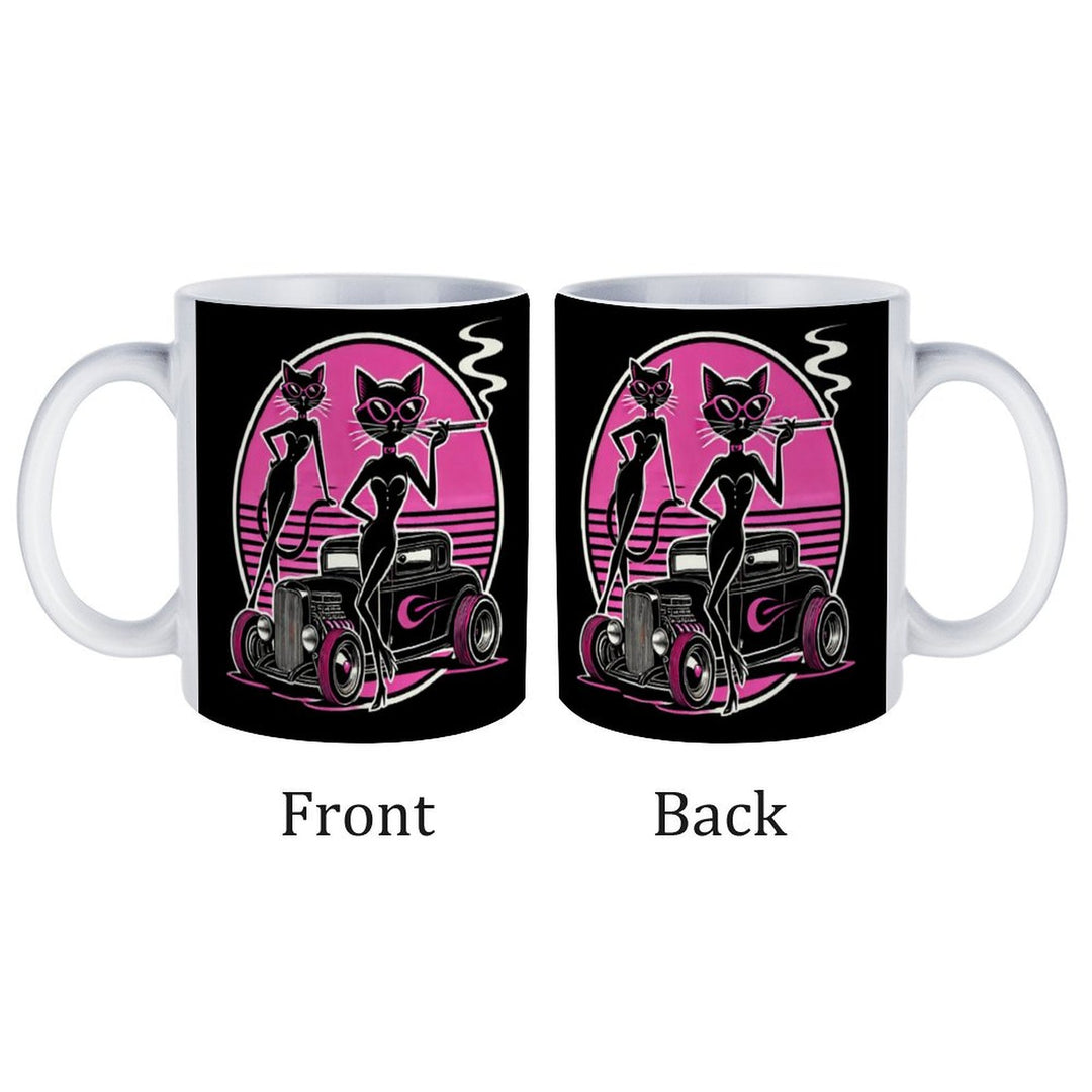 Retro black and pink ceramic mug featuring stylish cats and a classic car design, showcasing both front and back views.