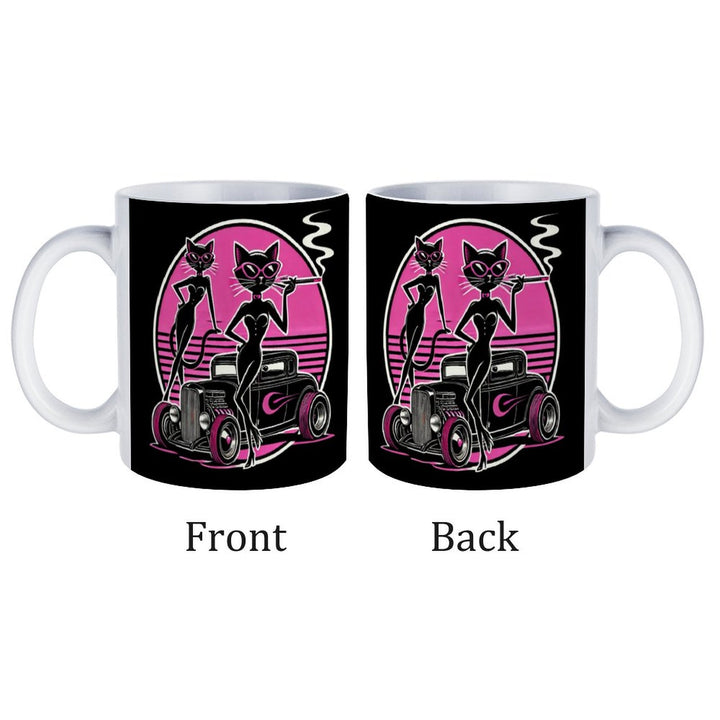 Retro black and pink ceramic mug featuring stylish cats and a classic car design, showcasing both front and back views.