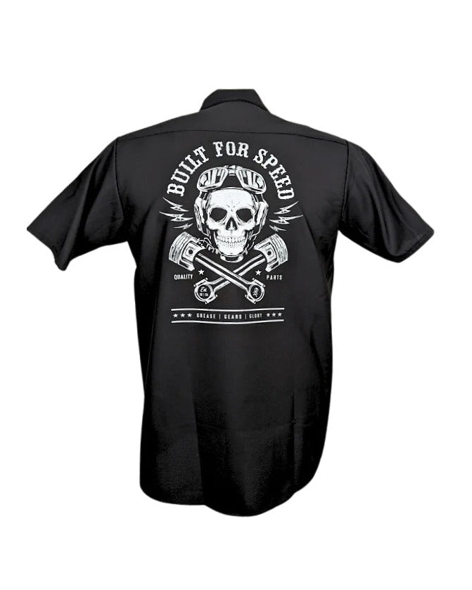 Back of Steady Clothing Built for Speed black men's workshirt with large white skull and crossed-piston graphic