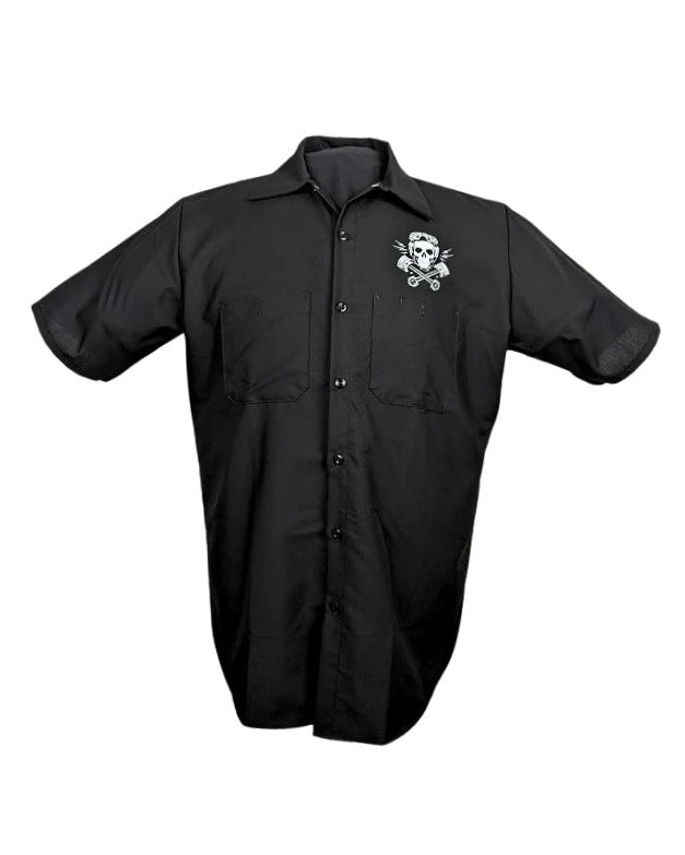 Front of Steady Clothing Built for Speed black men's workshirt with white skull and crossed-piston chest print