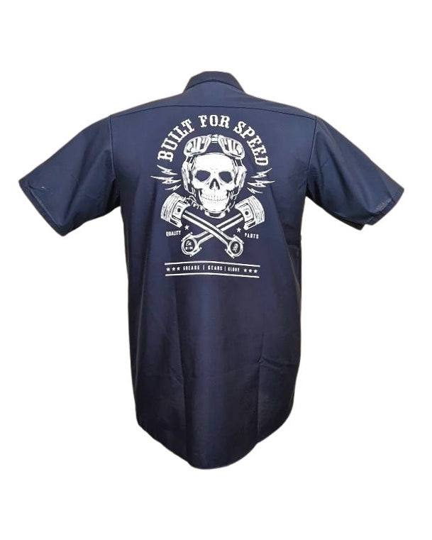 Back of Steady Clothing Built for Speed navy men's workshirt with large white skull and crossed-piston graphic