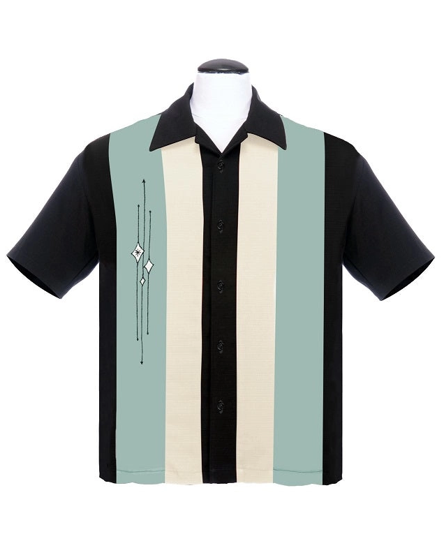 Steady Clothing Finley men’s bowling shirt in black with mint and cream panels and retro diamond embroidery, front view