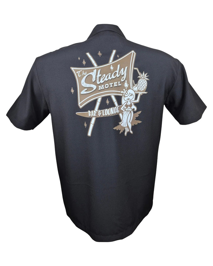 Back of Steady Clothing Hula Motel black bowling shirt with vintage motel sign, hula girl and cocktail print