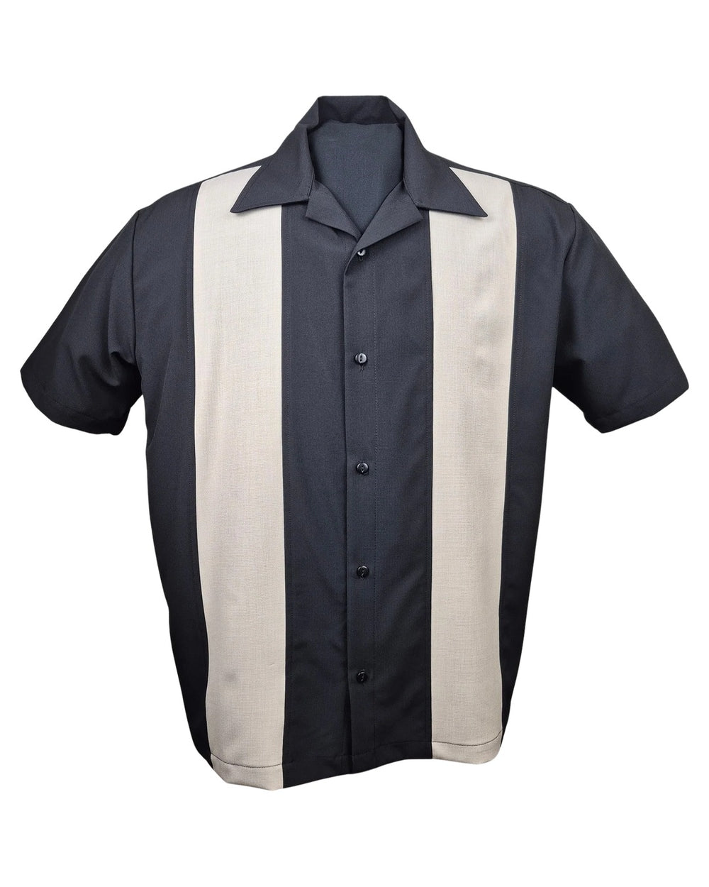 Front of Steady Clothing Hula Motel men's bowling shirt in black with two contrasting stone panels