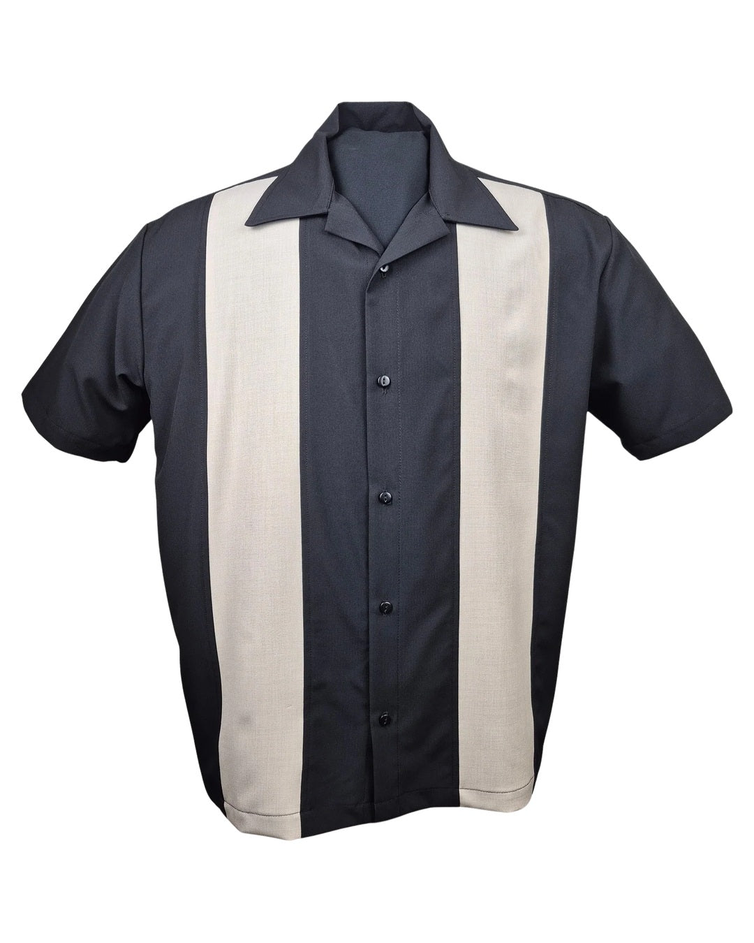 Front of Steady Clothing Hula Motel men's bowling shirt in black with two contrasting stone panels