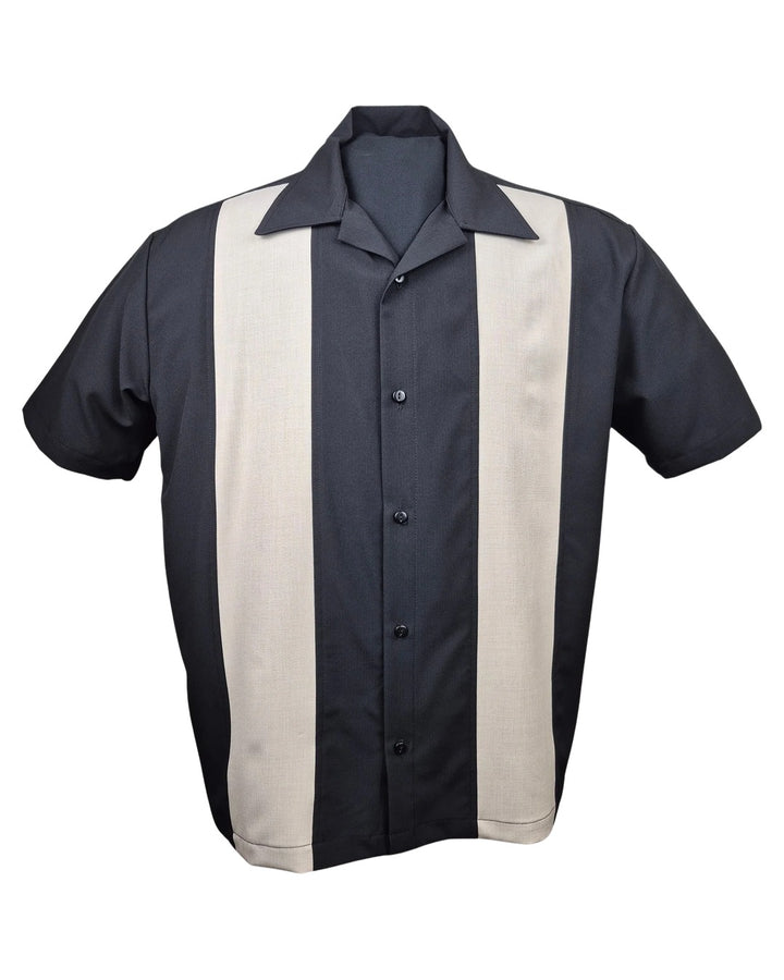 Front of Steady Clothing Hula Motel men's bowling shirt in black with two contrasting stone panels
