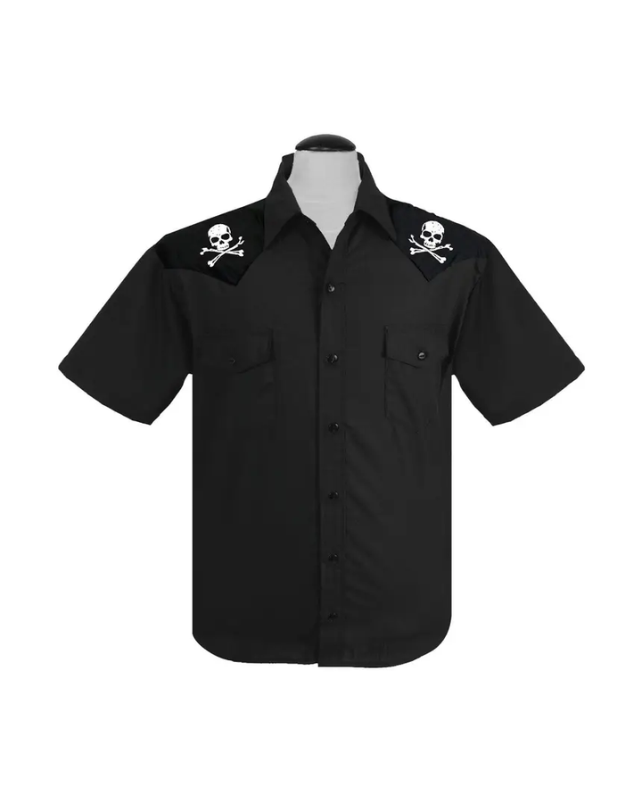Steady Clothing men’s black Skull & Bones western shirt with white skull and crossbones embroidery, front view