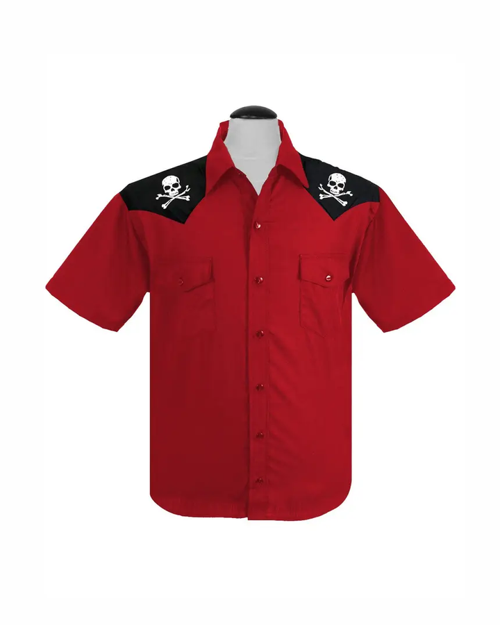 Steady Clothing men’s red Skull & Bones western shirt with black shoulder panels and white skull embroidery, front view