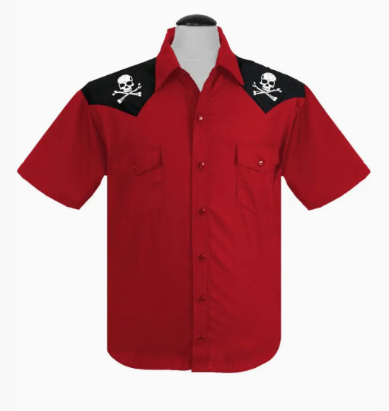 Steady Clothing men’s red Skull & Bones western shirt with black shoulder panels and white skull embroidery, front view