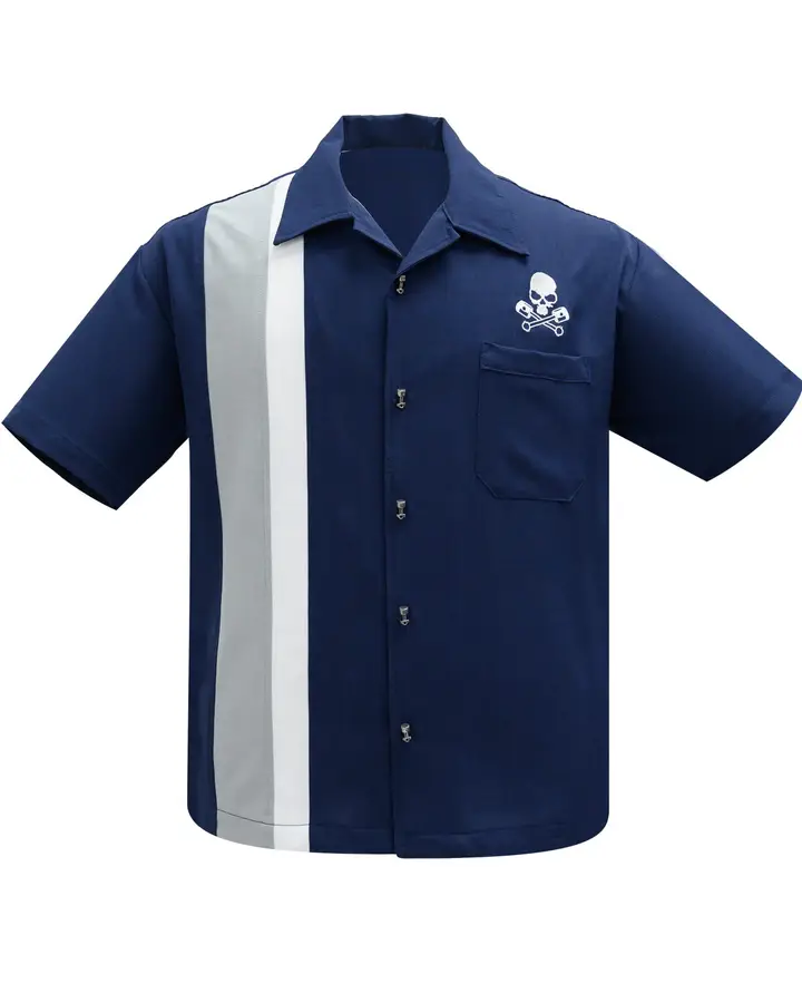 Steady Clothing Skull Piston Racer men’s bowling shirt in navy with silver and white panels, front view