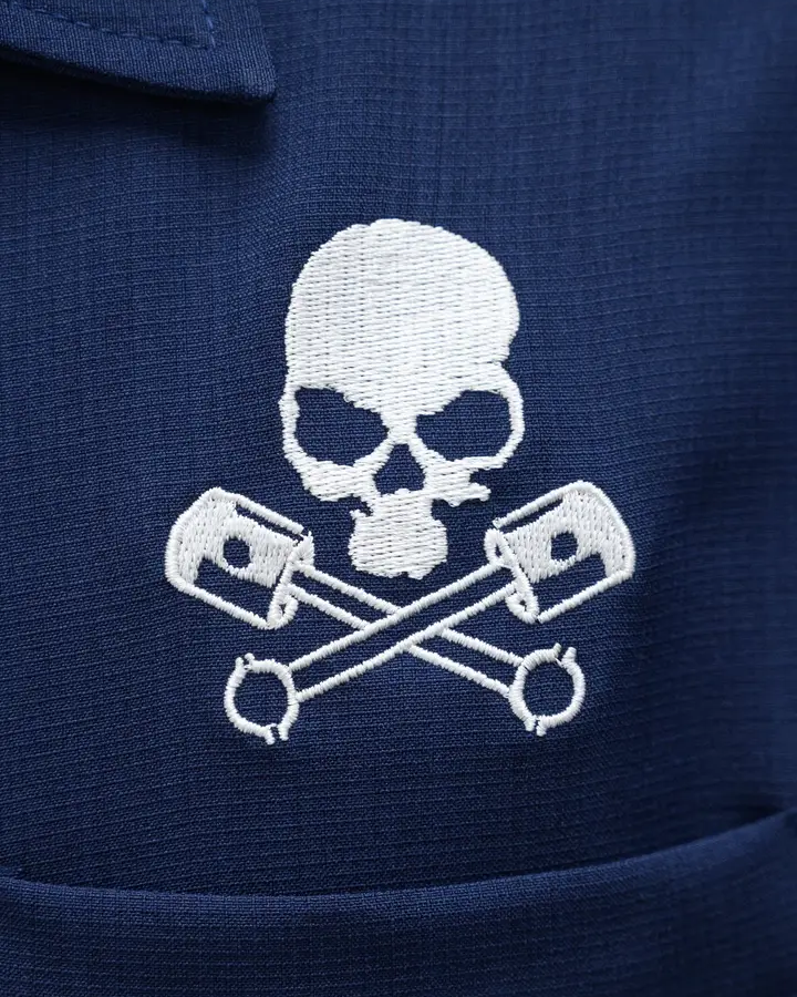 Close-up of white skull and crossed pistons embroidery on the navy Skull Piston Racer bowling shirt