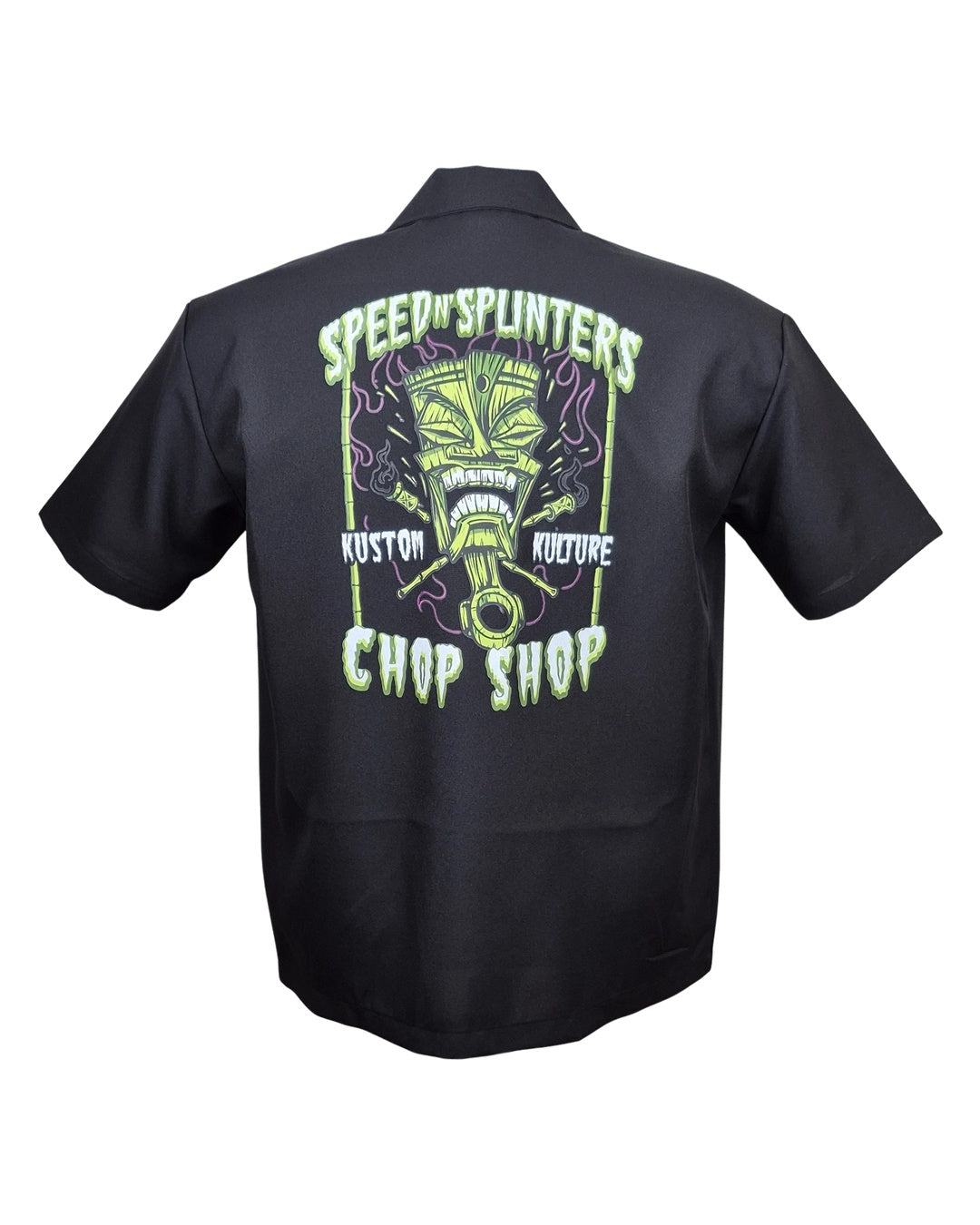 Back of Steady Clothing Speed N Splinters black bowling shirt with lime tiki, piston and purple flame print