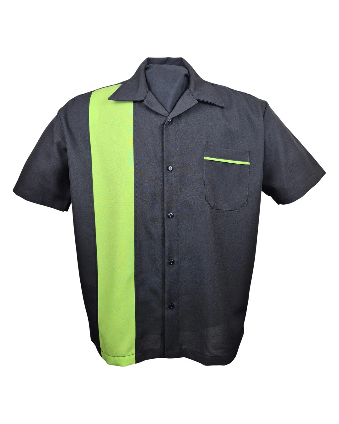 Front of Steady Clothing Speed N Splinters bowling shirt with lime panel and lime-trimmed chest pocket