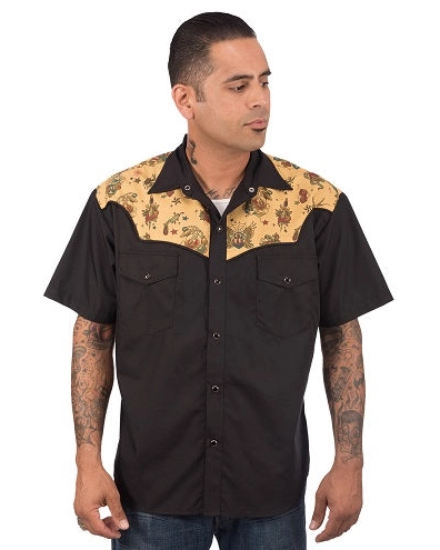 Steady Clothing Tattoo Flash men’s western shirt in black with tan printed shoulder panels, front view on model