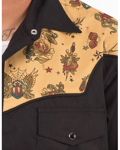 Close-up of the Tattoo Flash western shirt’s tan tattoo-print panel, black collar and snap chest pocket