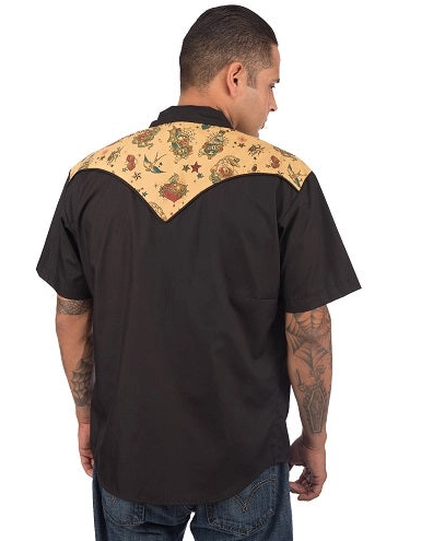 Back view of Steady Clothing Tattoo Flash western shirt showing the tan printed back yoke
