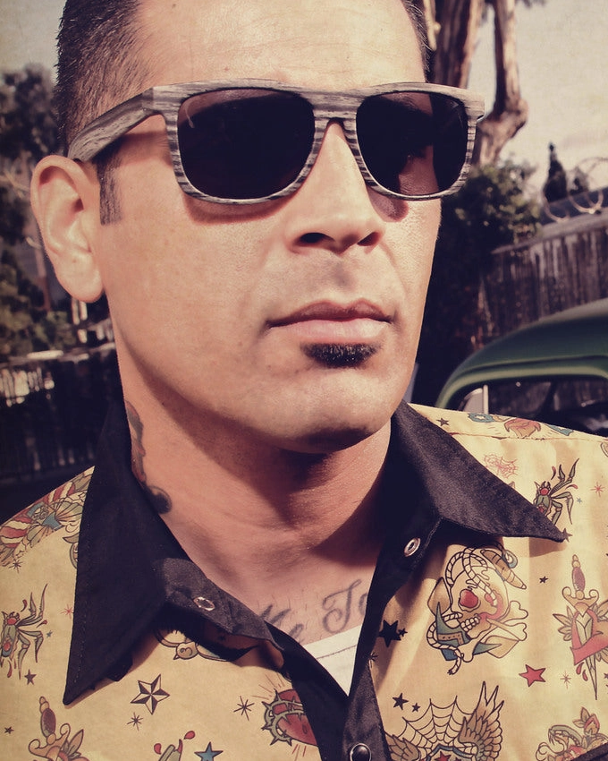 Lifestyle close-up of Steady Clothing Tattoo Flash western shirt showing the collar and tattoo-print shoulder panel
