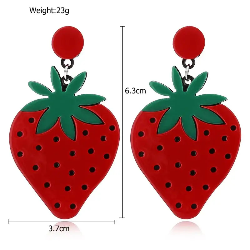 Bright red strawberry-shaped acrylic drop earrings with green leaves and zinc alloy stud posts, perfect for pinup style.