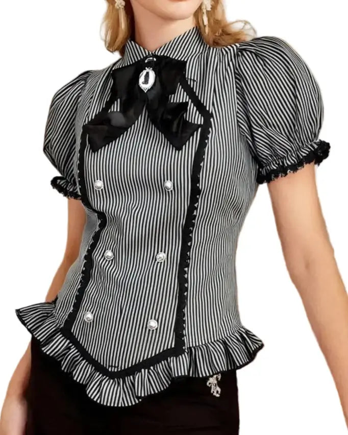 Striped Gothic Lace Trim Blouse featuring puff sleeves, lace-trim detailing, and decorative buttons.