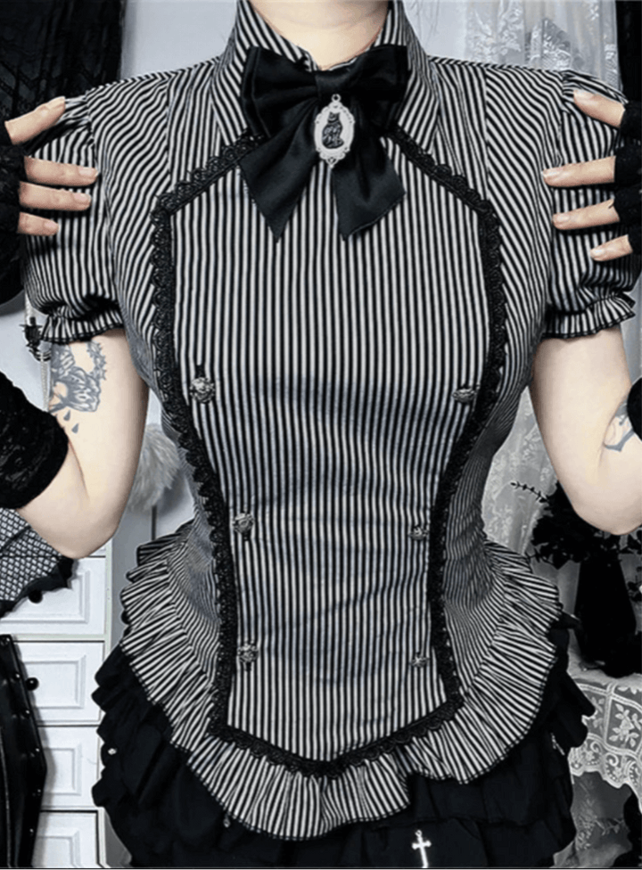 Striped Gothic Lace Trim Blouse featuring vintage black and white stripes, puff sleeves, decorative buttons, and a detachable bow.