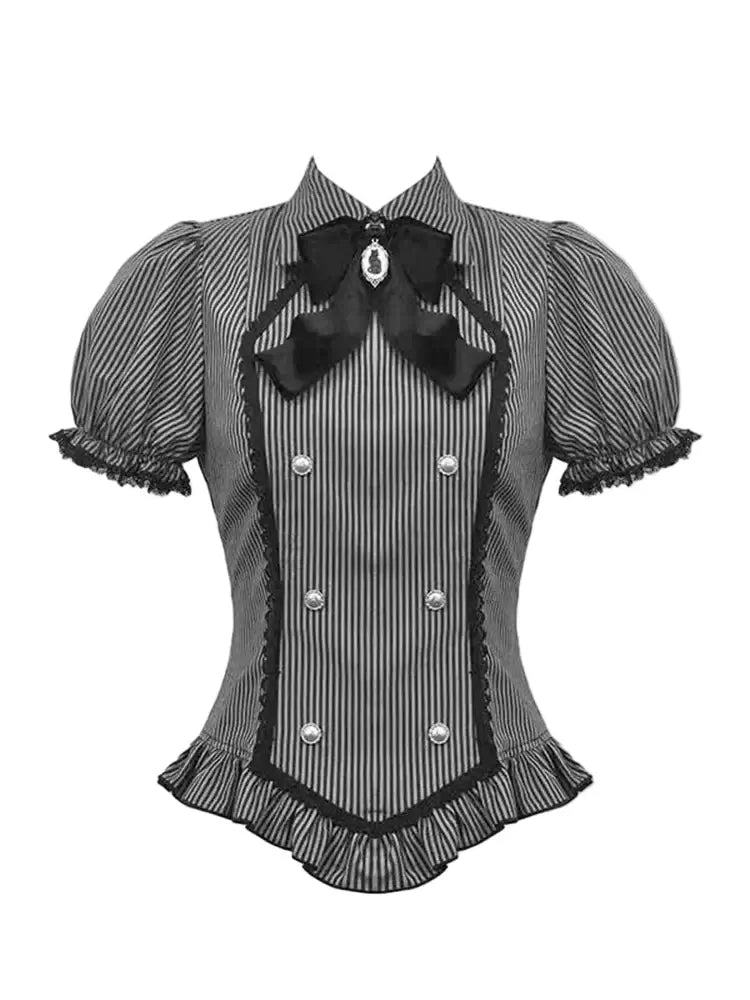 Striped Gothic Lace Trim Blouse featuring puff sleeves, lace trim and a decorative bow with a cameo cat pendant.
