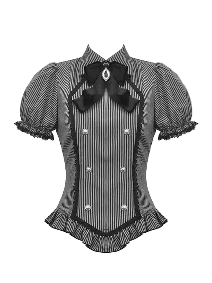 Striped Gothic Lace Trim Blouse featuring puff sleeves, lace trim and a decorative bow with a cameo cat pendant.