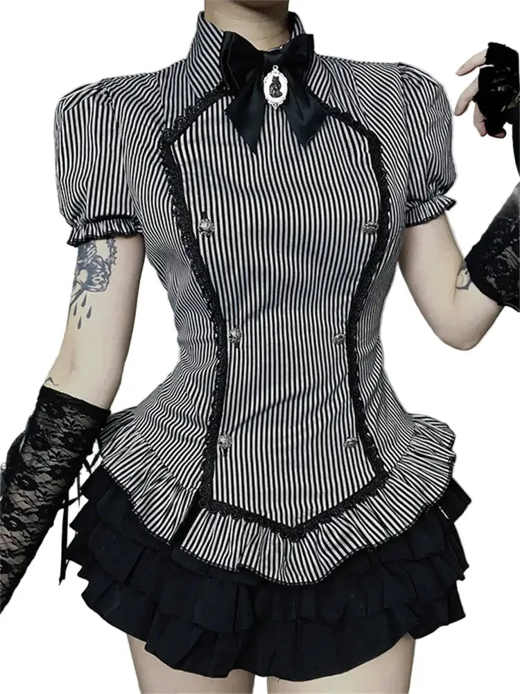 Striped Gothic Lace Trim Blouse featuring black and white stripes, lace trim, puff sleeves, and decorative buttons.