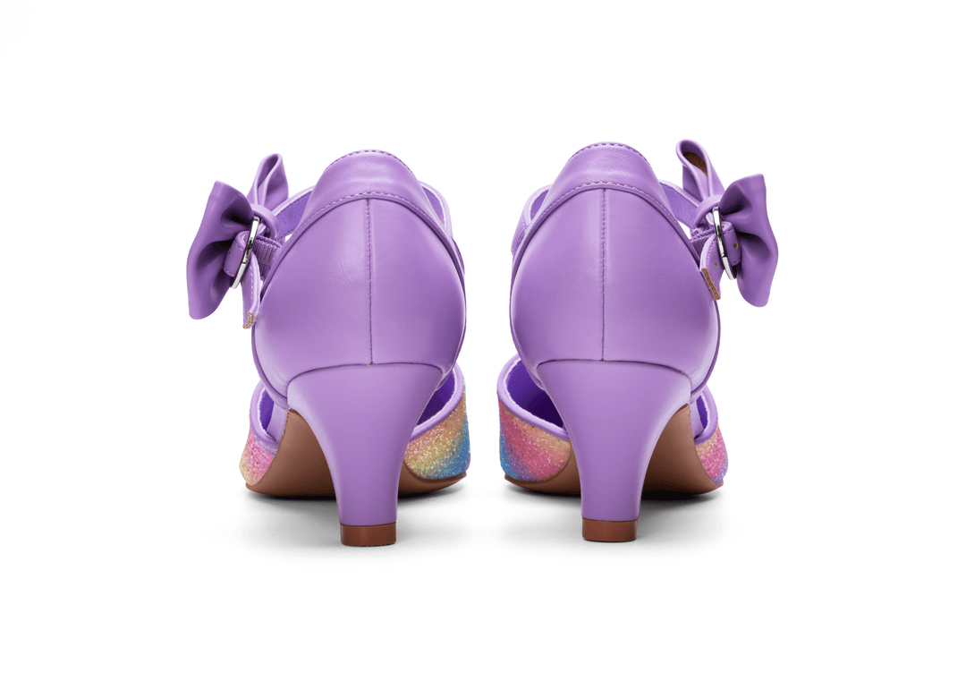 SugarPOP Pasarela - Lilac back view of purple shoes with bows and colorful heels.