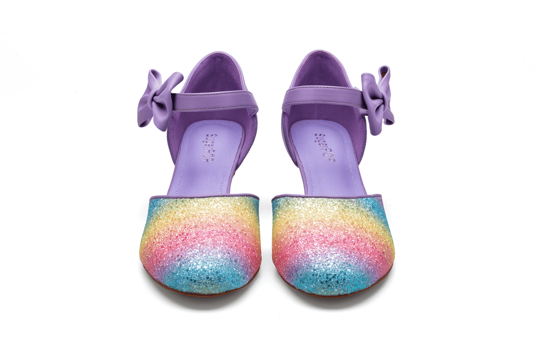 SugarPOP Pasarela colorful shoes with sparkly gradient design and purple strap, perfect for stylish outfits.