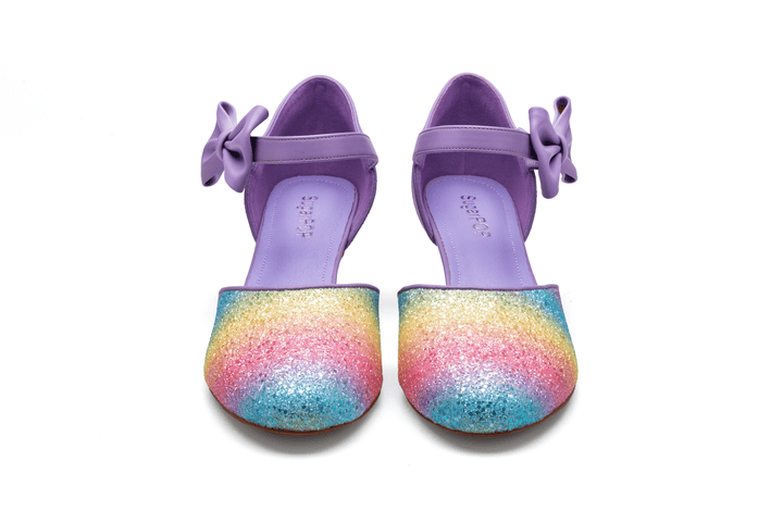 SugarPOP Pasarela colorful shoes with sparkly gradient design and purple strap, perfect for stylish outfits.
