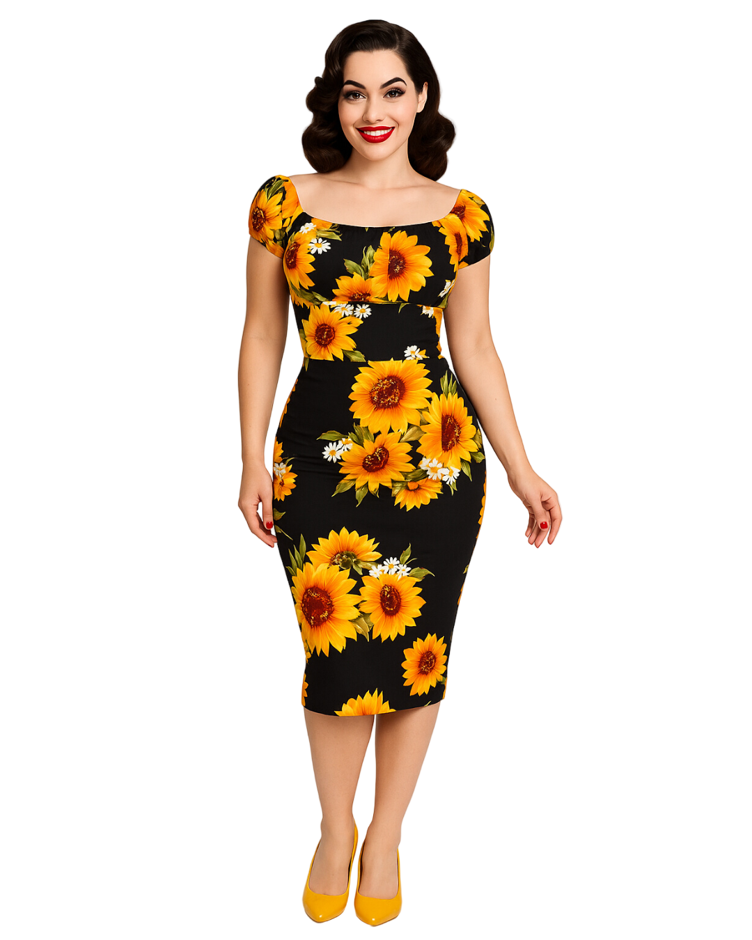 Woman wearing a black skirt and top with yellow sunflower pattern on a white background