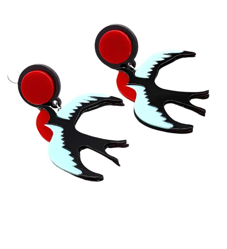 SWALLOWS Acrylic Drop/Dangle Stud Post Earrings in pinup style, featuring black, red, and blue design.