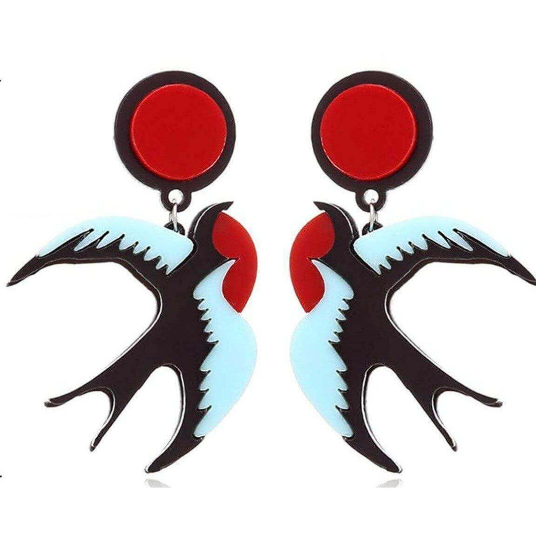 SWALLOWS acrylic drop earrings with red and blue design, zinc alloy stud post, stylish pinup costume jewelry.