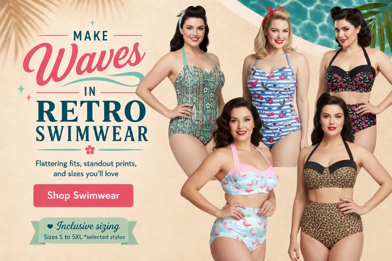 Promotional image of retro swimwear with models wearing various designs.