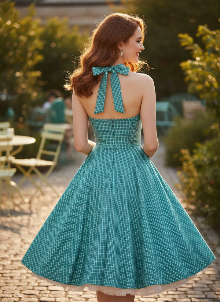 Vintage Teal Halter Swing Dress with Pockets