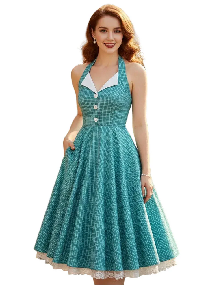 Teal vintage-style women’s halter dress with subtle check pattern, button front bodice and full swing skirt

