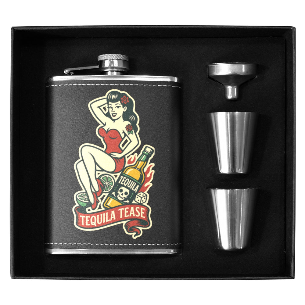 Tequila Tease 8 oz black hip flask set with two stainless steel shot glasses in a gift box.