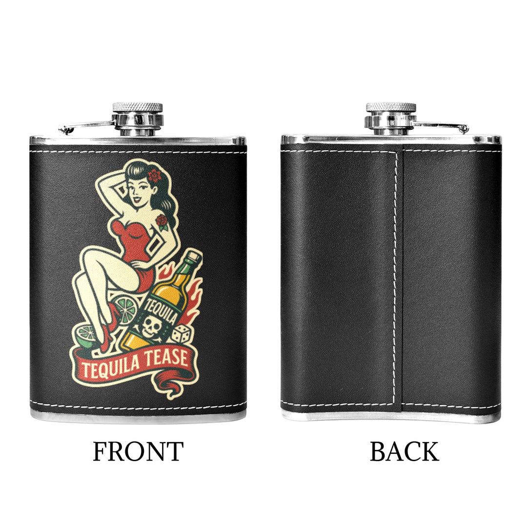 Tequila Tease 8 oz black hip flask featuring a vintage design with a pin-up girl, front and back view.