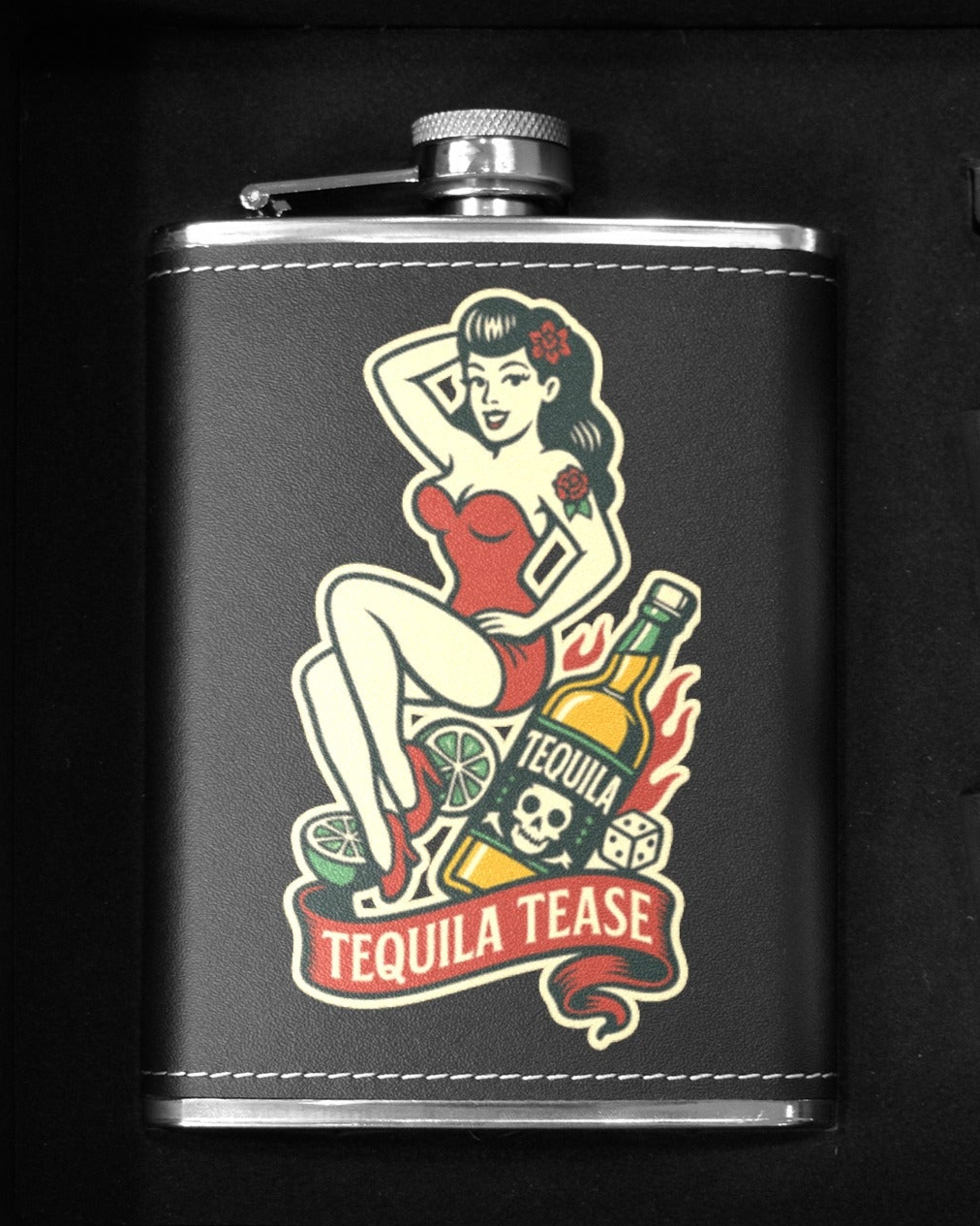 Tequila Tease 8 oz black hip flask featuring a retro pin-up girl design, perfect for stylish drink lovers in Australia.
