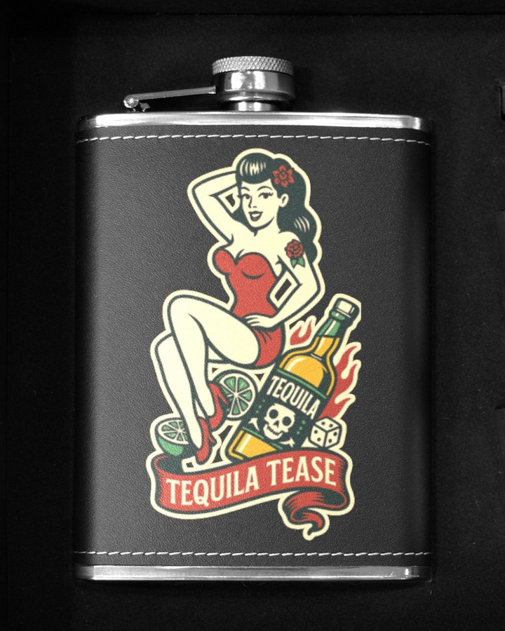 Tequila Tease 8 oz black hip flask featuring a retro pin-up girl design, perfect for stylish drink lovers in Australia.