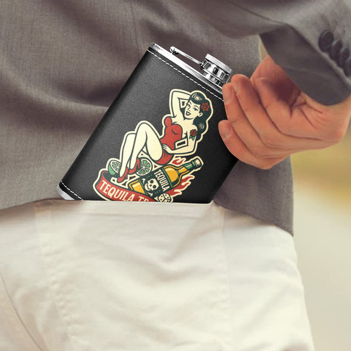 Stylish black hip flask with 'Tequila Tease' graphic, perfect for carrying beverages on the go in Australia.